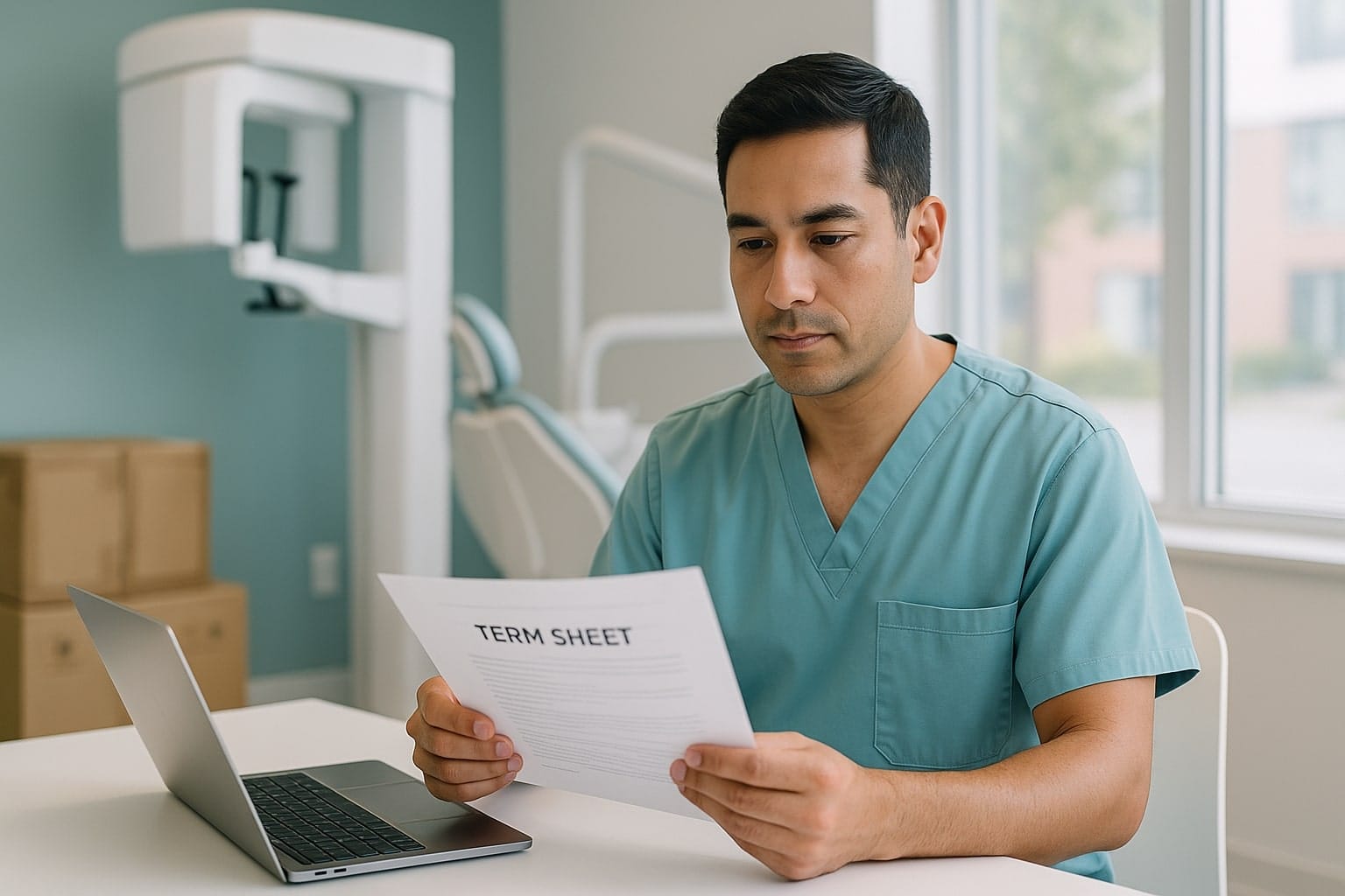 Canadian dental clinic owner reviewing an equipment financing term sheet.