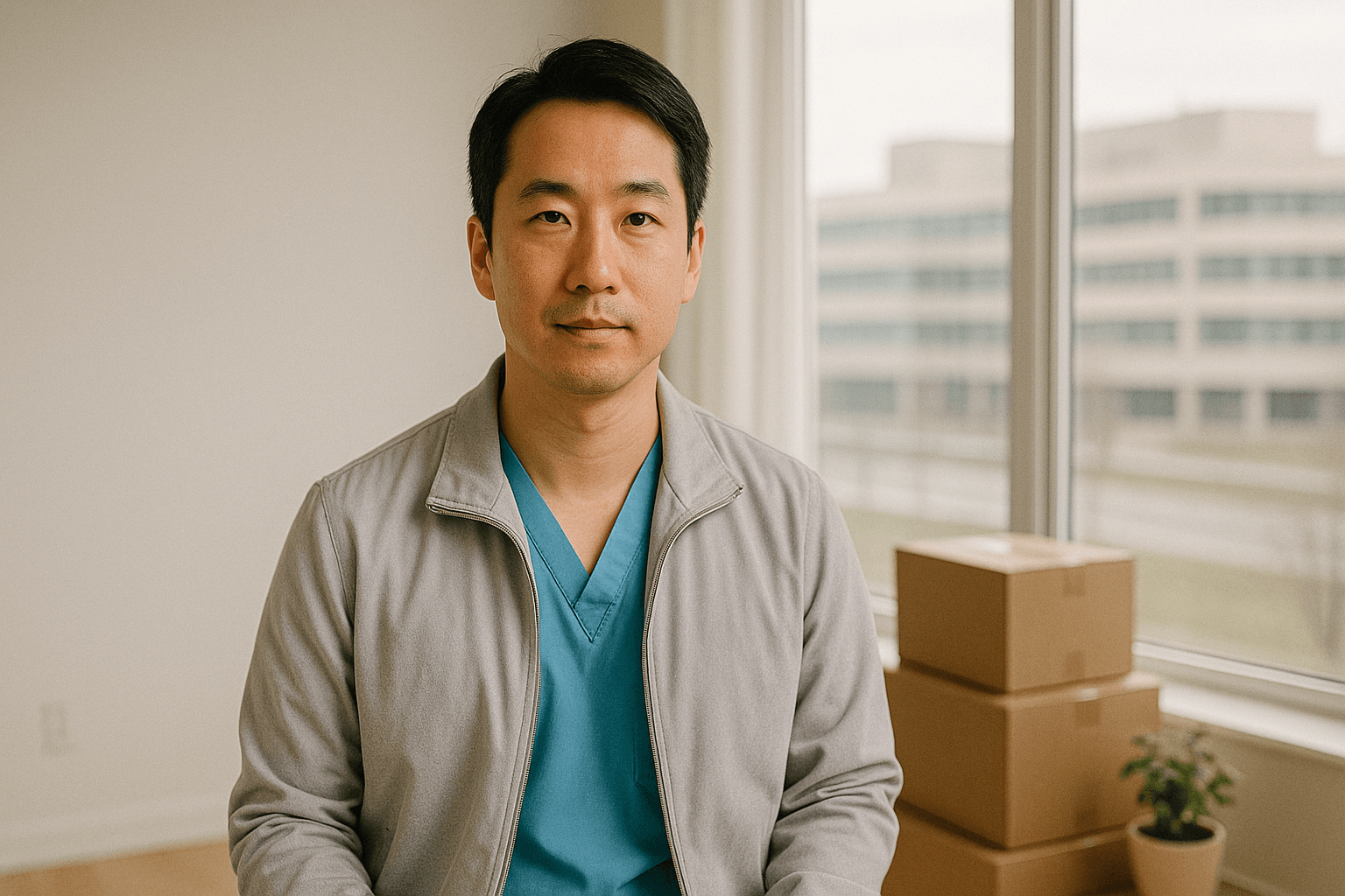 Canadian physician relocating and preparing mortgage documents at home.