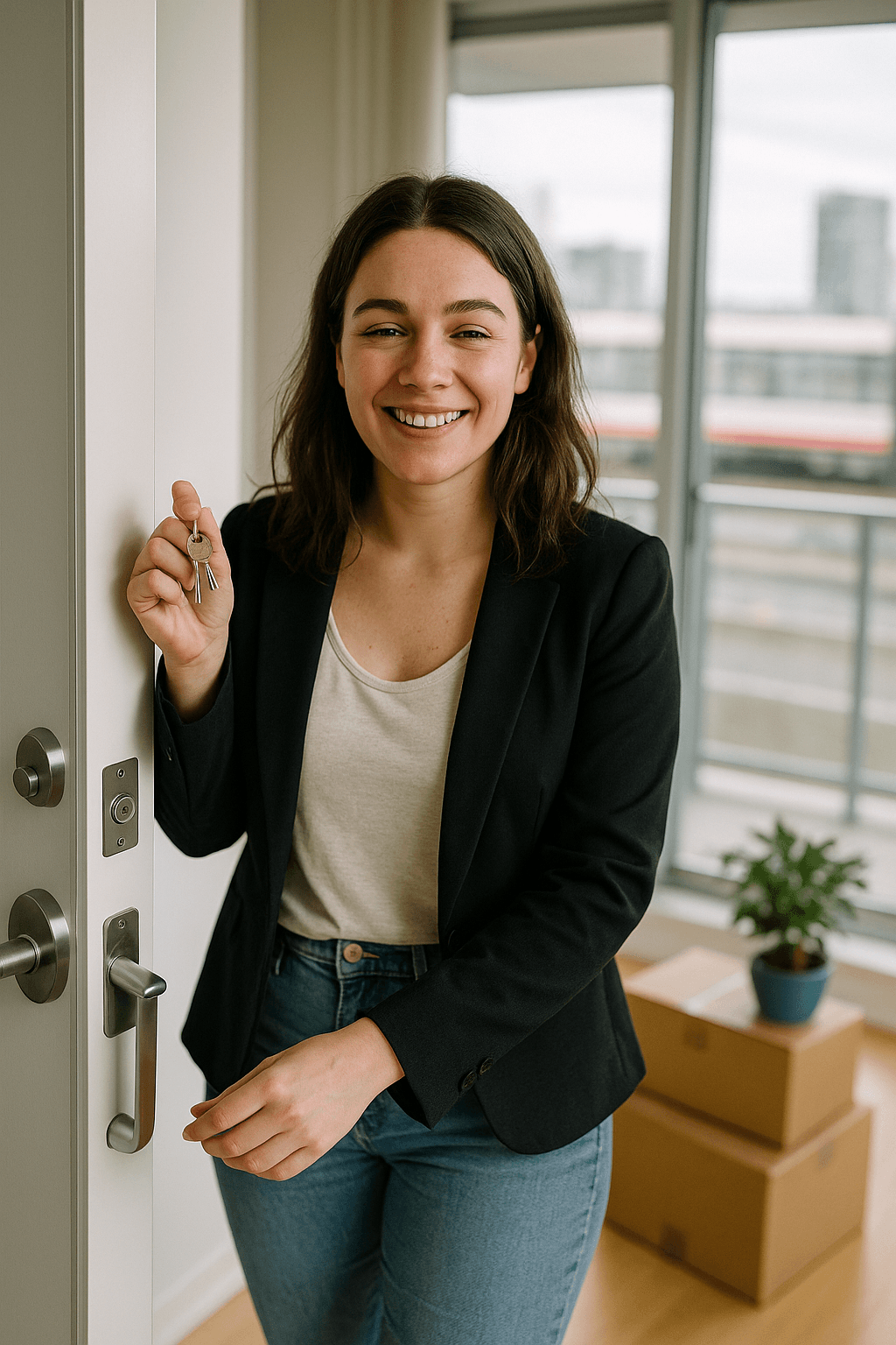 First time home buyer in Ontario smiling while opening her new condo door.