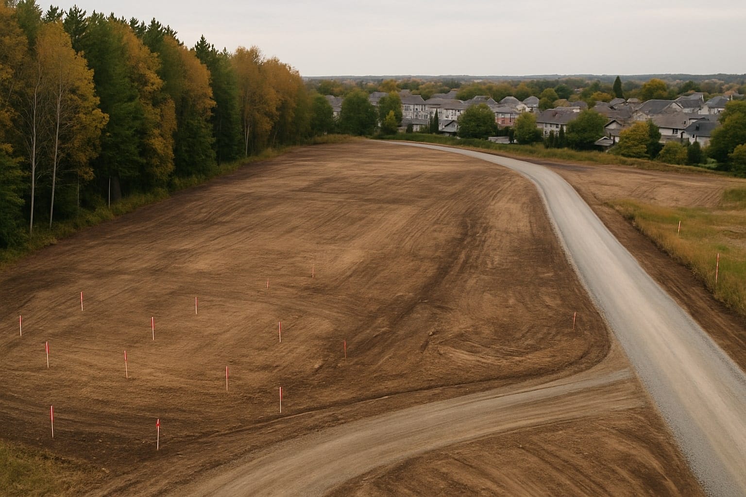 Aerial of a Canadian 12-acre site under entitlement with survey markers.